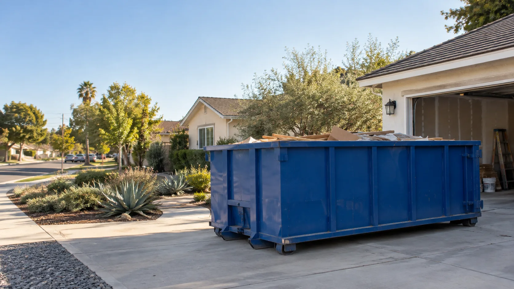 Compact blue roll-off dumpster positioned on a Los Angeles residential driveway